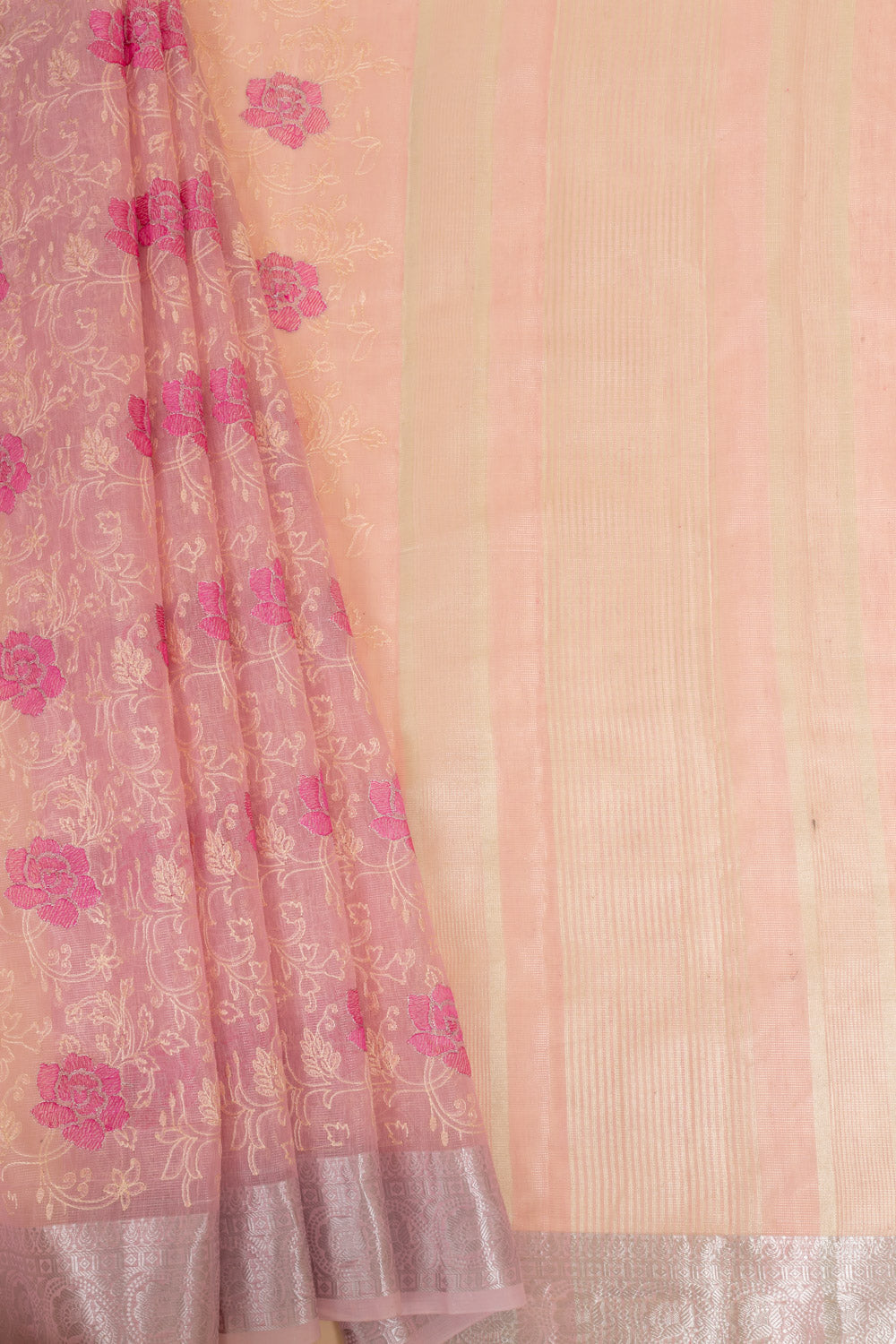 Linen Threadwork Embroidered Saree Woven Zari