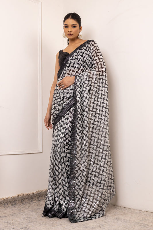 Net Embroidered Sequence Saree