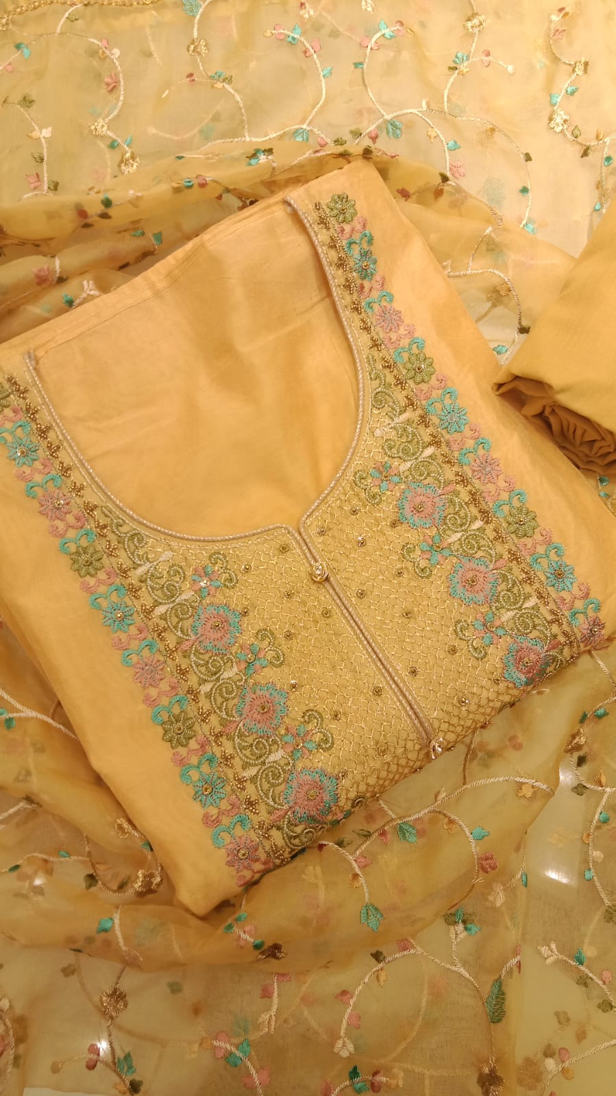 Chanderi Cotton Unstitched Suit With Organza Dupatta