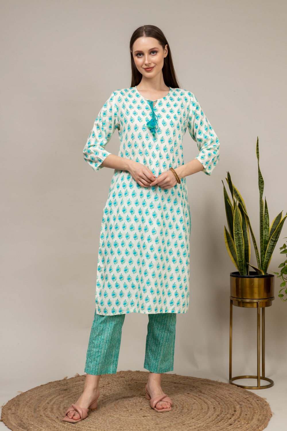 Cotton Long Kurta With Floral Print & Sequence Work