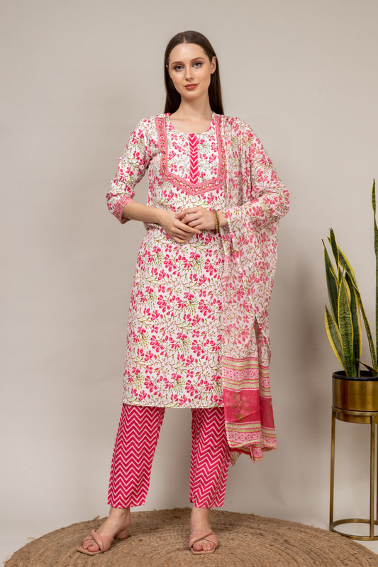 Cotton Kurti Pant And Dupatta With Floral Print