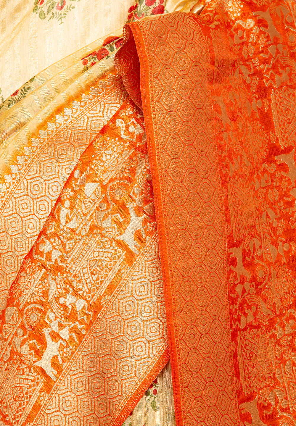 Cotton Maheswari Block Printed Banarasi Woven Saree freeshipping - Panna Sarees