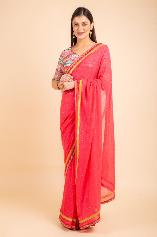 Georgette Embroidered Saree With Stitched Designer Blouse freeshipping - Panna Sarees