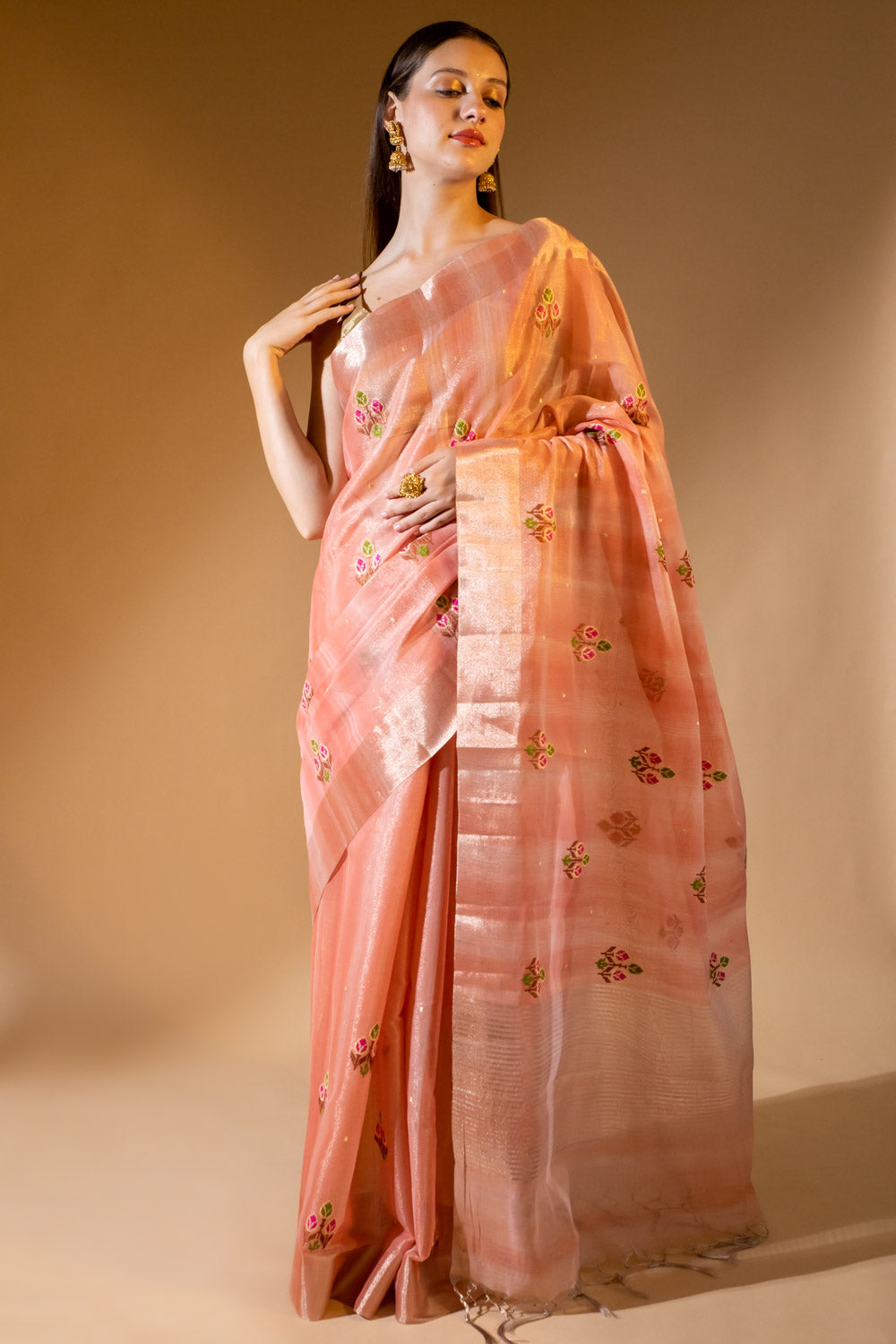 Linen Tissue Embroidered Saree With Zari Thread Work