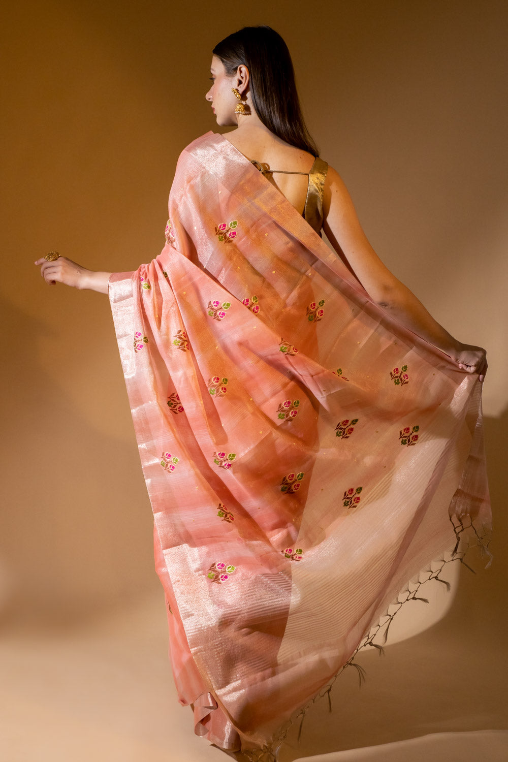 Linen Tissue Embroidered Saree With Zari Thread Work